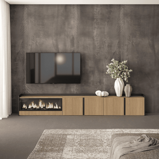 Móvel de TV, Muito espaço de arrumação, 315x35x50cm, Para televisores até 80, Lareira eléctrica XXL, Estilo moderno, Carvalho e preto