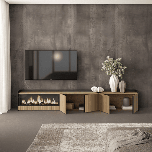 Móvel de TV, Muito espaço de arrumação, 315x35x50cm, Para televisores até 80, Lareira eléctrica XXL, Estilo moderno, Carvalho e preto