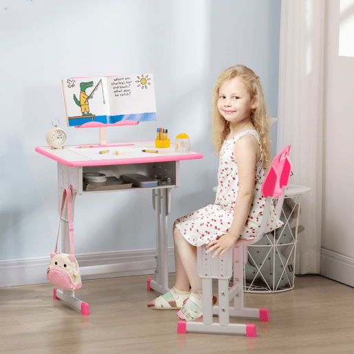 Conjunto de mesa e cadeira infantil para crianças a partir de 6 anos, altura ajustável, com 1 gaveta e estante, 60x45x90-102 cm, rosa