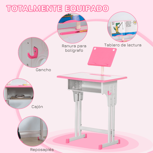 Conjunto de mesa e cadeira infantil para crianças a partir de 6 anos, altura ajustável, com 1 gaveta e estante, 60x45x90-102 cm, rosa