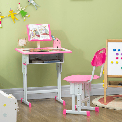 Conjunto de mesa e cadeira infantil para crianças a partir de 6 anos, altura ajustável, com 1 gaveta e estante, 60x45x90-102 cm, rosa