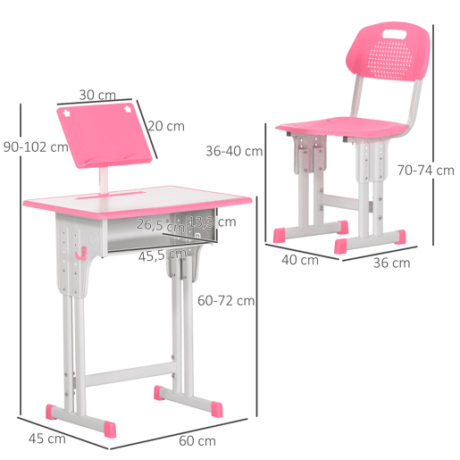 Conjunto de mesa e cadeira infantil para crianças a partir de 6 anos, altura ajustável, com 1 gaveta e estante, 60x45x90-102 cm, rosa