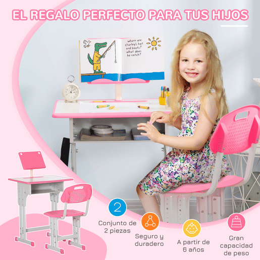 Conjunto de mesa e cadeira infantil para crianças a partir de 6 anos, altura ajustável, com 1 gaveta e estante, 60x45x90-102 cm, rosa