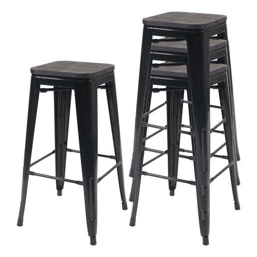 Conjunto de 4 banquetas de bar empilháveis u200Bu200Bcom design industrial assentos de madeira e estrutura de metal preto 04_0007579