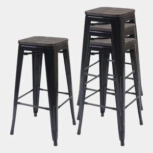 Conjunto de 4 banquetas de bar empilháveis u200Bu200Bcom design industrial assentos de madeira e estrutura de metal preto 04_0007579