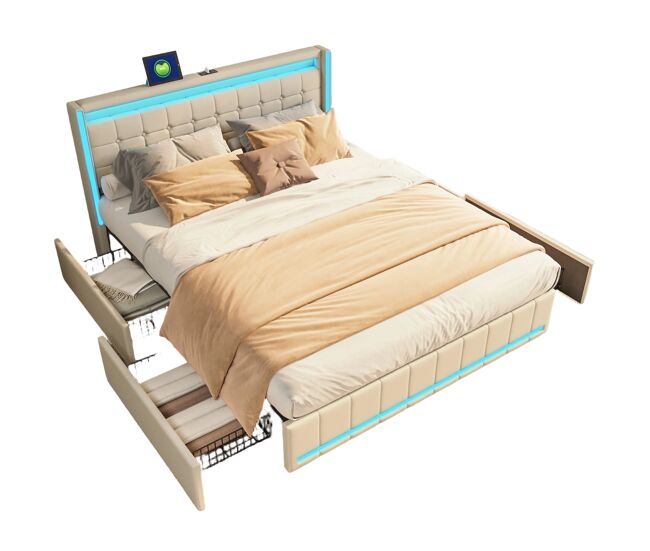 Cama doble de 160 x 200 cm con cabecero led y puerto usb | estructura de láminas de madera | 4 cajones | cama tapizada beige con función de almacenaje