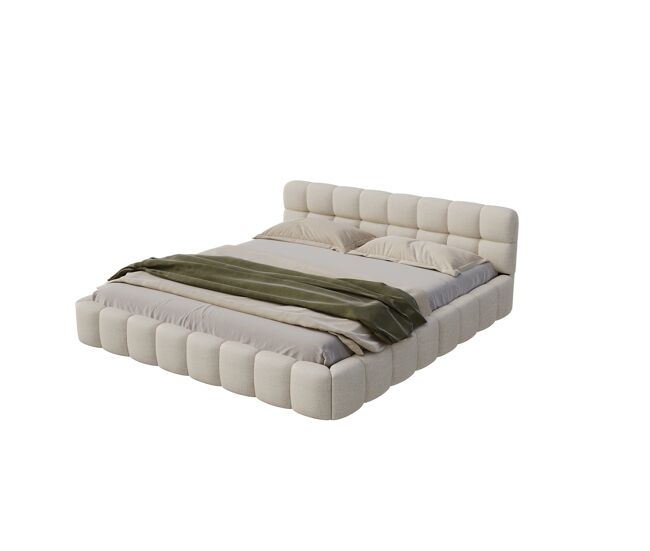 Cama 140 x 200 cm, cama juvenil, cama de matrimonio, con respaldo blando, cama plana, somier de láminas, lino, beige