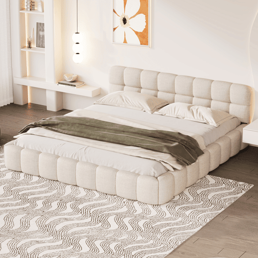 Cama 140 x 200 cm, cama jovem, cama de casal, com encosto macio, cama plana, estrado de ripas, linho, bege