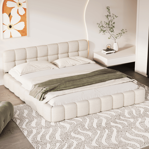 Cama 140 x 200 cm, cama jovem, cama de casal, com encosto macio, cama plana, estrado de ripas, linho, bege