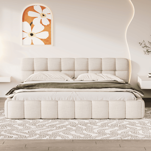 Cama 140 x 200 cm, cama jovem, cama de casal, com encosto macio, cama plana, estrado de ripas, linho, bege