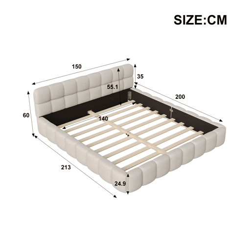 Cama 140 x 200 cm, cama jovem, cama de casal, com encosto macio, cama plana, estrado de ripas, linho, bege