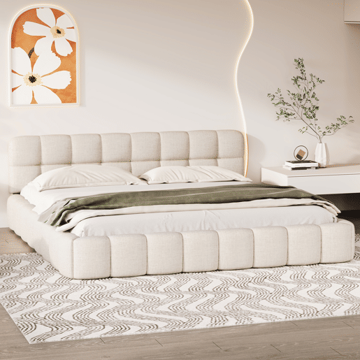 Cama 140 x 200 cm, cama jovem, cama de casal, com encosto macio, cama plana, estrado de ripas, linho, bege