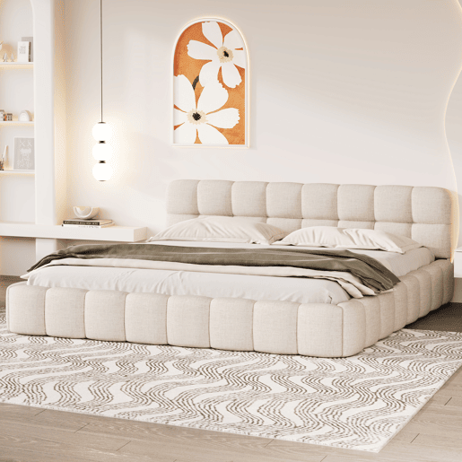 Cama 140 x 200 cm, cama jovem, cama de casal, com encosto macio, cama plana, estrado de ripas, linho, bege