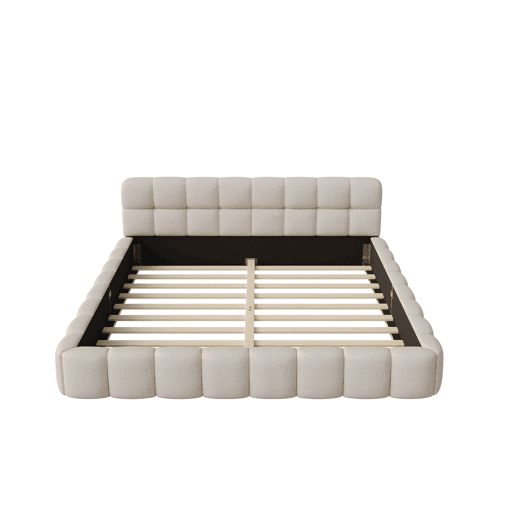 Cama 140 x 200 cm, cama jovem, cama de casal, com encosto macio, cama plana, estrado de ripas, linho, bege