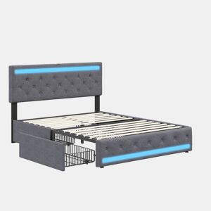 Cama de Casal 180x200 cm com LED e Porta USB | 4 Gavetas de Arrumação | Cama Estofada em Flanela com Estrado de Ripas e Cabeceira | Estrutura Moderna, Cinzento
