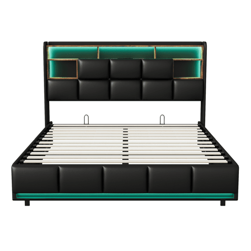 Cama estofada, luzes LED, portas USB e espaço de armazenamento. Cama estofada, luzes LED, portas USB e espaço de armazenamento.