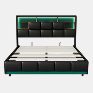 Cama estofada, luzes LED, portas USB e espaço de armazenamento.