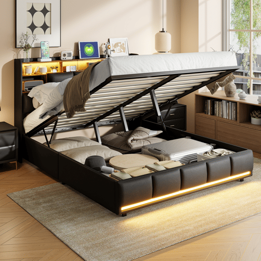 Cama estofada, luzes LED, portas USB e espaço de armazenamento. Cama estofada, luzes LED, portas USB e espaço de armazenamento.
