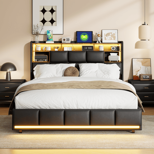Cama estofada, luzes LED, portas USB e espaço de armazenamento. Cama estofada, luzes LED, portas USB e espaço de armazenamento.