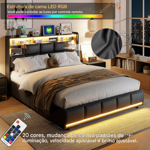 Cama estofada, luzes LED, portas USB e espaço de armazenamento. Cama estofada, luzes LED, portas USB e espaço de armazenamento.