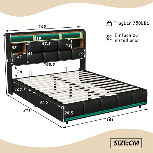 Cama estofada, luzes LED, portas USB e espaço de armazenamento. Cama estofada, luzes LED, portas USB e espaço de armazenamento.