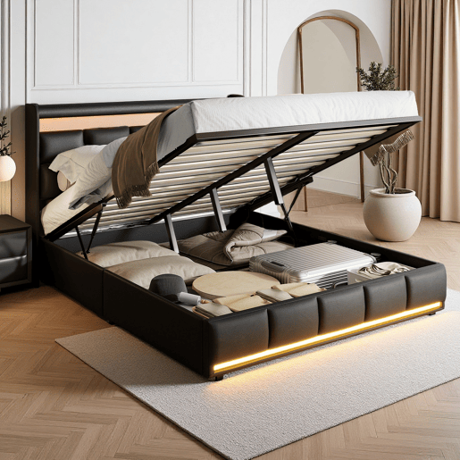 Cama estofada, luzes LED, portas USB e espaço de armazenamento. Cama estofada, luzes LED, portas USB e espaço de armazenamento.