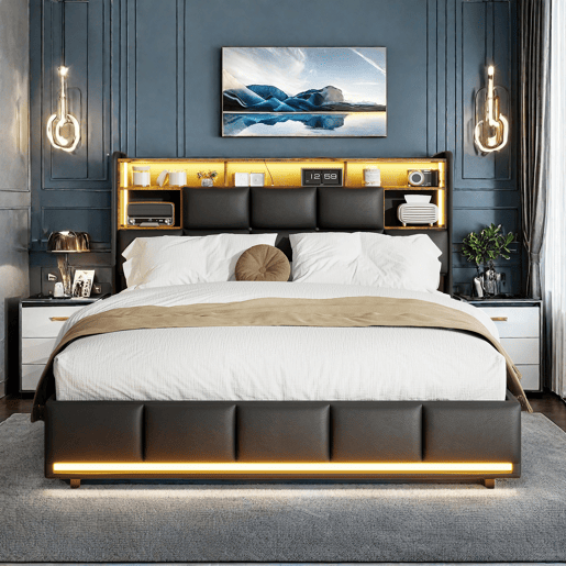 Cama estofada, luzes LED, portas USB e espaço de armazenamento. Cama estofada, luzes LED, portas USB e espaço de armazenamento.