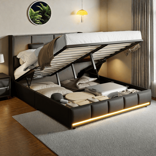 Cama estofada, luzes LED, portas USB e espaço de armazenamento. Cama estofada, luzes LED, portas USB e espaço de armazenamento.