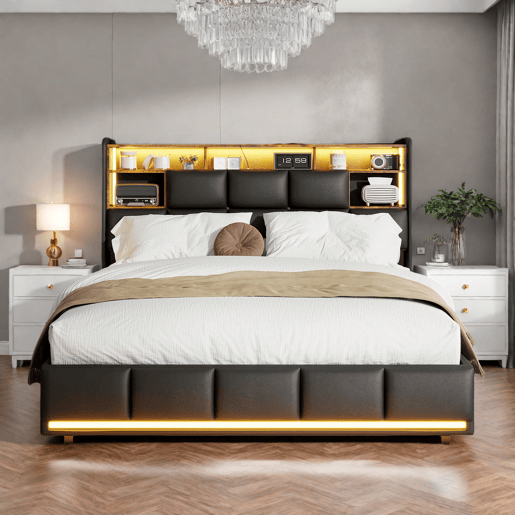 Cama estofada, luzes LED, portas USB e espaço de armazenamento. Cama estofada, luzes LED, portas USB e espaço de armazenamento.