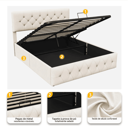 Cama 160x200cm, cama de casal hidráulica, cama funcional com cabeceira ajustável, veludo, adequada para adultos e adolescentes Cama 160x200cm, cama de casal hidráulica, cama funcional com cabeceira ajustável, veludo, adequada para adultos e adolescentes