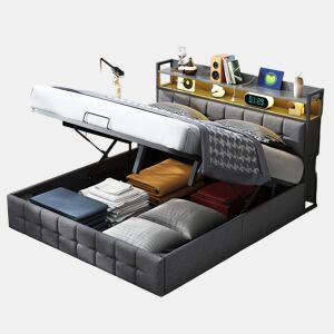Cama con LED de 160 x 200 cm | Cama tapizada gris con amplio espacio de almacenaje | Somier de láminas con muelles metálicos | Cabecero con estante y puerto USB