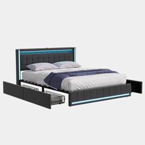 Cama 180x200 cm com USB & Type-C | Cama de Casal com Estrado de Ripas e 4 Gavetas | Cama Juvenil com LED | Cama Funcional de Arrumação em Linho, Cinzento
