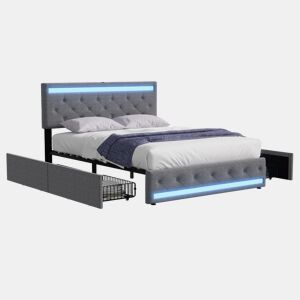 Cama de Casal 160x200 cm com LED e Porta USB | 4 Gavetas de Arrumação | Cama Estofada em Flanela com Estrado de Ripas e Cabeceira | Estrutura Moderna, Cinzento