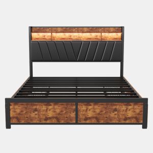 Cama de Metal 160x200 cm com Estrado de Ripas | Cama Juvenil com Luz LED e Prateleira | Cama de Arrumação com 4 Gavetas | Estrutura em PU, Preto