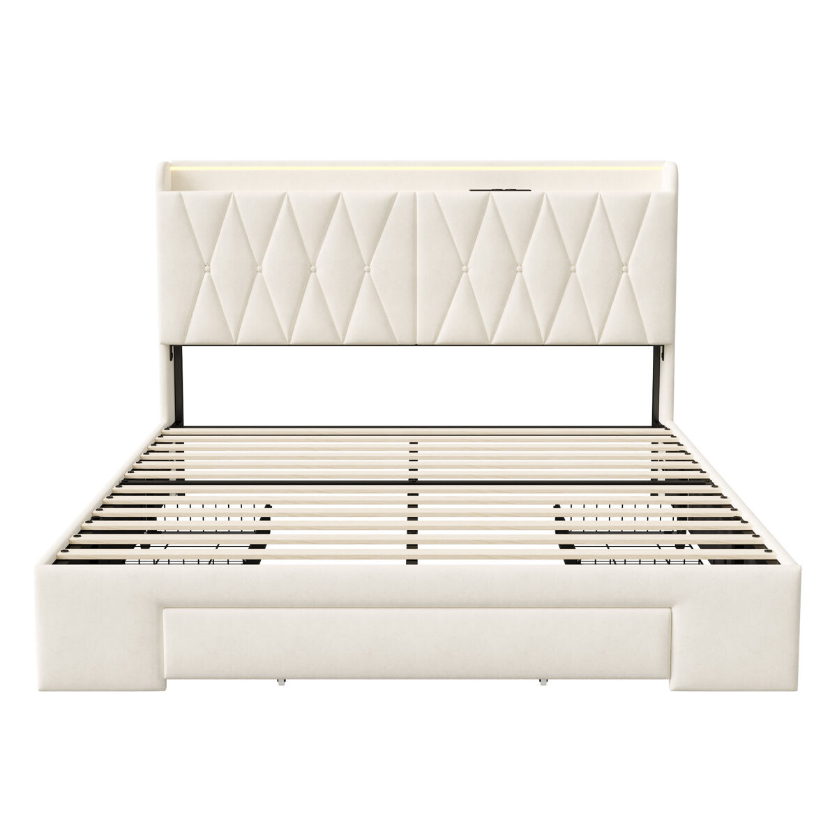 Cama de 140 x 200 cm con usb y enchufes | cama doble con somier y 3 cajones | cama juvenil clásica tapizada en terciopelo beige