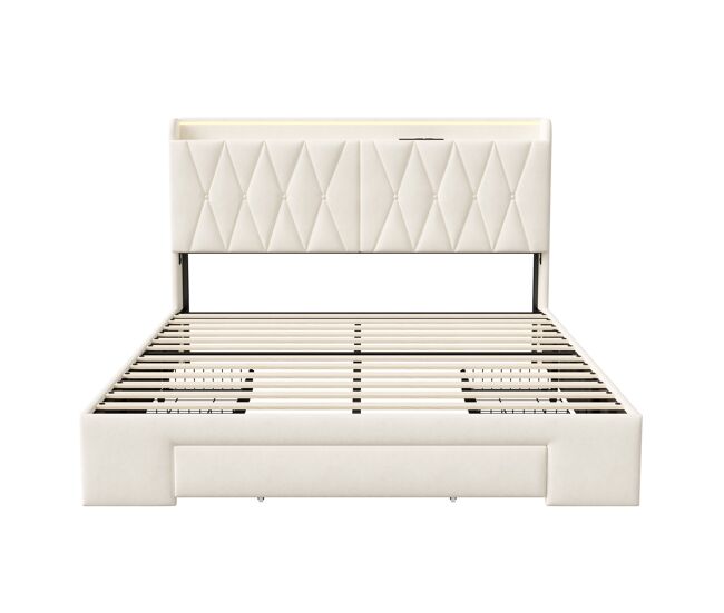 Cama de 140 x 200 cm con usb y enchufes | cama doble con somier y 3 cajones | cama juvenil clásica tapizada en terciopelo beige