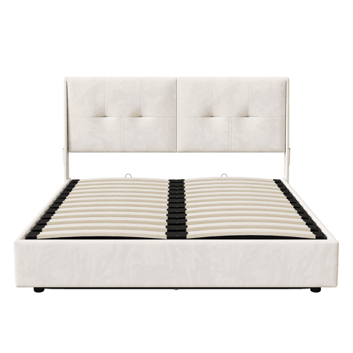 Cama de 140x200 cm com estrado de ripas e LED, cama basculante hidráulica com compartimento, cama de casal em veludo, cama funcional com compartimento, bege