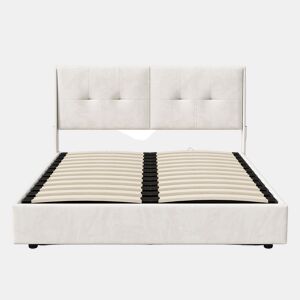 Cama de 140x200 cm com estrado de ripas e LED, cama basculante hidráulica com compartimento, cama de casal em veludo, cama funcional com compartimento, bege