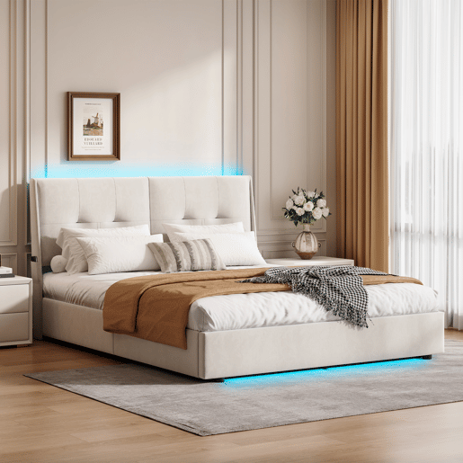 Cama de 140x200 cm com estrado de ripas e LED, cama basculante hidráulica com compartimento, cama de casal em veludo, cama funcional com compartimento, bege