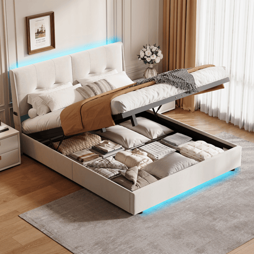 Cama de 140x200 cm com estrado de ripas e LED, cama basculante hidráulica com compartimento, cama de casal em veludo, cama funcional com compartimento, bege