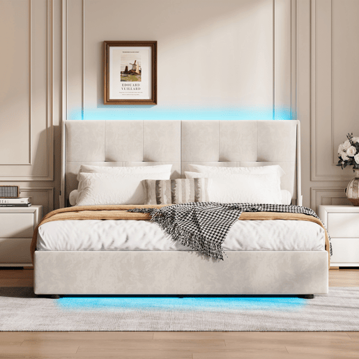 Cama de 140x200 cm com estrado de ripas e LED, cama basculante hidráulica com compartimento, cama de casal em veludo, cama funcional com compartimento, bege