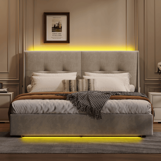 Cama de 140x200 cm com estrado de ripas e LED, cama basculante hidráulica com compartimento, cama de casal em veludo, cama funcional com compartimento, bege