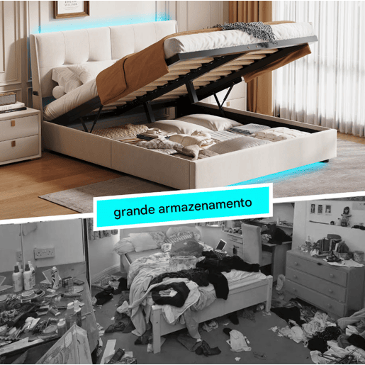 Cama de 140x200 cm com estrado de ripas e LED, cama basculante hidráulica com compartimento, cama de casal em veludo, cama funcional com compartimento, bege
