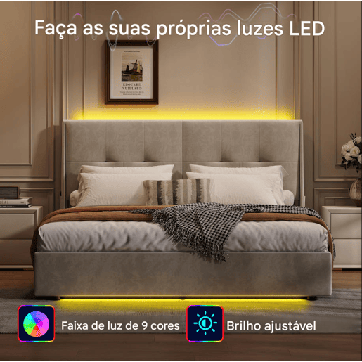 Cama de 140x200 cm com estrado de ripas e LED, cama basculante hidráulica com compartimento, cama de casal em veludo, cama funcional com compartimento, bege
