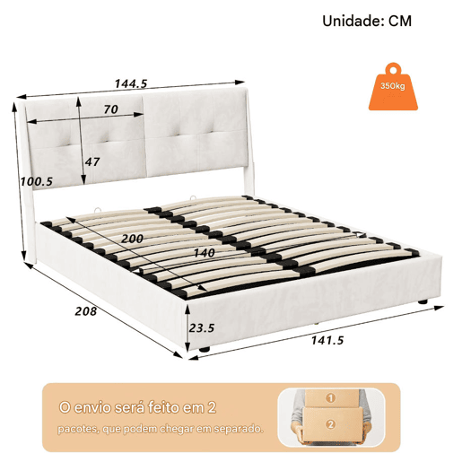 Cama de 140x200 cm com estrado de ripas e LED, cama basculante hidráulica com compartimento, cama de casal em veludo, cama funcional com compartimento, bege