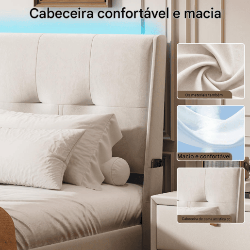 Cama de 140x200 cm com estrado de ripas e LED, cama basculante hidráulica com compartimento, cama de casal em veludo, cama funcional com compartimento, bege