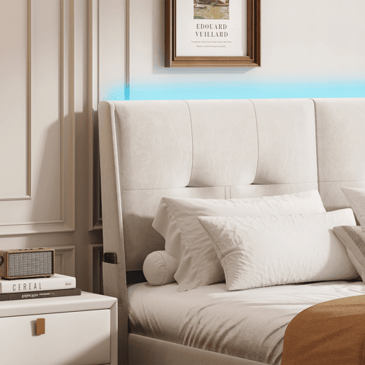 Cama de 140x200 cm com estrado de ripas e LED, cama basculante hidráulica com compartimento, cama de casal em veludo, cama funcional com compartimento, bege