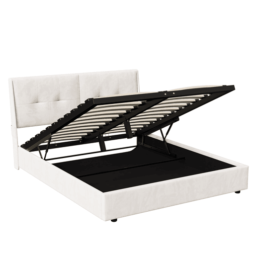 Cama de 140x200 cm com estrado de ripas e LED, cama basculante hidráulica com compartimento, cama de casal em veludo, cama funcional com compartimento, bege