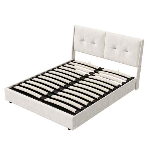 Cama de 140x200 cm com estrado de ripas e LED, cama basculante hidráulica com compartimento, cama de casal em veludo, cama funcional com compartimento, bege
