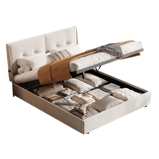 Cama de 160x200 cm com estrado de ripas e LED, cama basculante hidráulica com compartimento, cama de casal em veludo, cama funcional com compartimento, bege